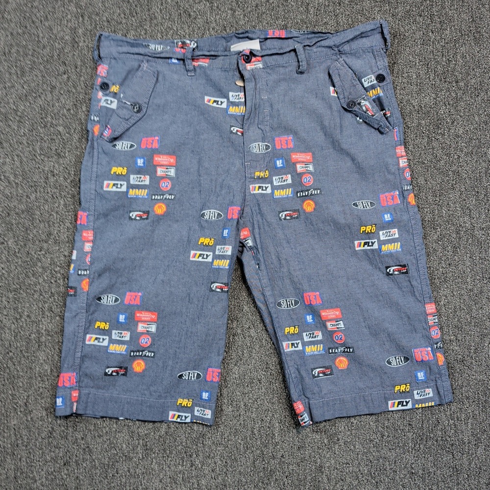 Born Fly Y2K Racing Patch Shorts 38 Blue Cotton Streetwear Hip Hop Moto Baggy